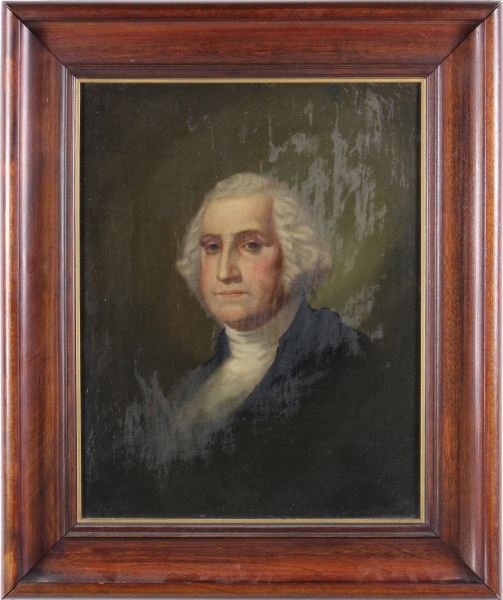 After Gilbert Stuart, "George Washington": After Gilbert Stuart, "George Washington"unsigned, early 20th century, oil on canvas, presented in a wooden frame with gilt liner, remnants of a 1943 mailing label on the back.SS 17.5 x 13.75 in.; DOA