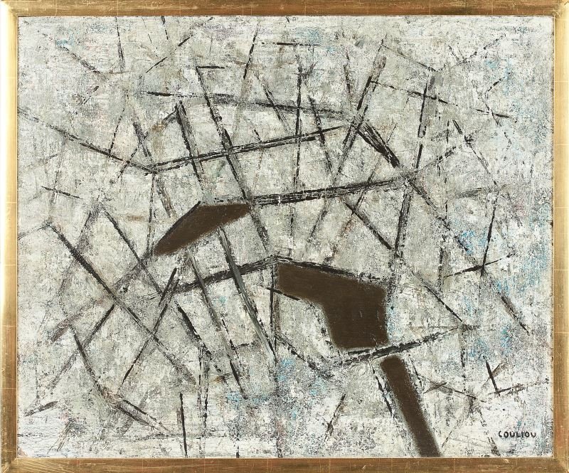 Jean-Yves Couliou (Fr., 1916-1994), "Abstraction..: Jean-Yves Couliou (Fr., 1916-1994), "Abstraction.. "...sur fond Gris" (Abstraction Gray Background," oil on canvas, signed at lower right, signed twice and titled on the verso, presented in a gilt flo
