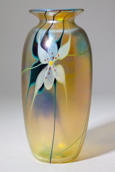 Orient and Flume Tall Baluster Vase: Orient and Flume Tall Baluster Vaseirredescent gold with floral motif, etch signed "Orient + Flume 1980 D/9 L.Hudin" also with millefiori signature to side "OF/80" for Orient Flume, 1980.11.25 x 4.5 i