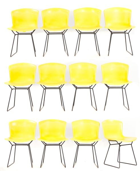 Harry Bertoia, 12 Chairs, Knoll: Harry Bertoia, 12 Chairs, Knoll (American, 1915-1978), yellow fiberglass shell, black powder-coat steel base, "Knoll" label to underside, 8-23-65. 30.5 x 21 x 18 in. Wesley Campus Ministry at UNC