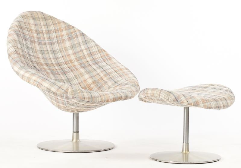 Pierre Paulin, Globe Chair and Ottoman: Pierre Paulin, Globe Chair and Ottoman (French, 1927-2009) Artifort, designed 1959, foam, brushed aluminum and upholstery, chair stamped "NR-423" foot stool stamped "NR-422". Chair 37 x 39 x 35 in., S