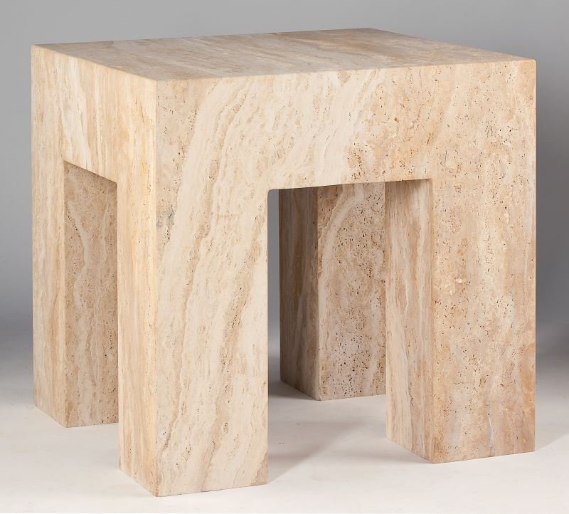 Modernist Travertine Occasional Table: Modernist Travertine Occasional Tablesquare form with four legs, paneled design formed to appear as one carved block of travertine, appears unmarked, likely puchased from Minta Bell, Chapel Hill, NC.2