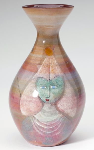 Polia Pillin, "Girl with Horse and Bird" Vase: Polia Pillin, "Girl with Horse and Bird" Vase (Polish/American, 1909-1992) circa 1970, ovoid form with tapered neck and flared rim, glaze signed to underside. HOA 7 1/8 in. Purchased from a Boulder, C