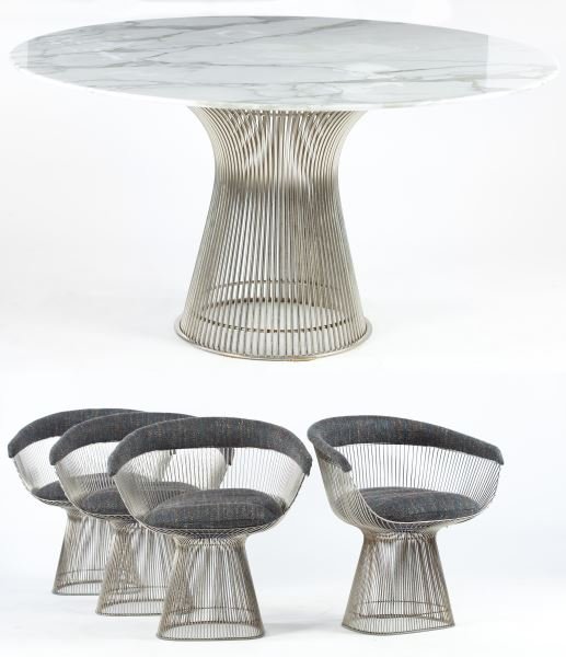 Warren Platner, Dining Set, Knoll: Warren Platner, Dining Set, Knoll(Am., 1916-2006), five pieces including a beveled round white marble top table with plated-steel base (28.25 x 54 in. diameter) and (4) grey wool upholstered arm chair