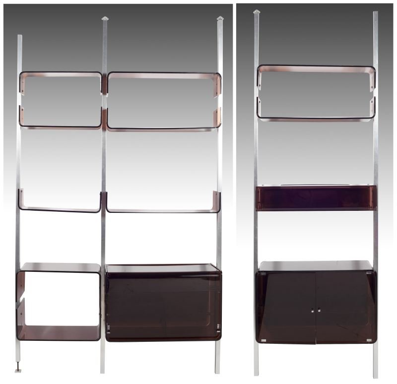 Roche Bobois, Smoky Lucite Modular Wall Unit: Roche Bobois, Smoky Lucite Modular Wall Unit three panels of adjustable lucite shelves on aluminum frames, featuring a fall front cabinet and two door cabinet, adjustable aluminum feet and caps for ro