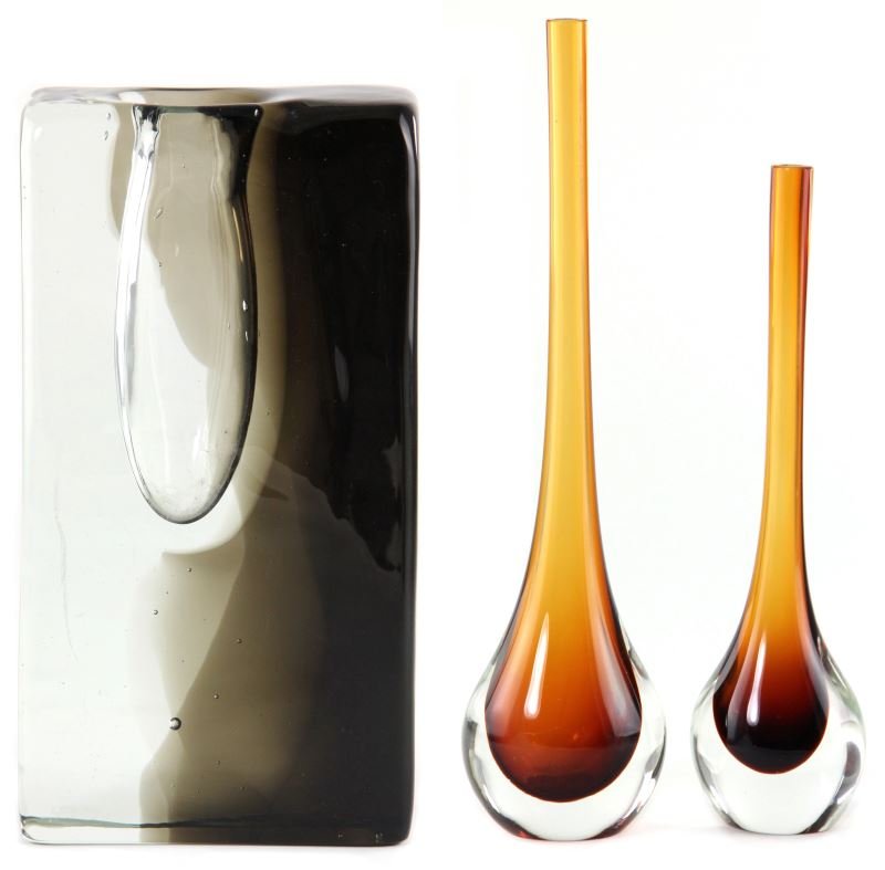 Modern Italian Art Glass Grouping: Modern Italian Art Glass Grouping three vases including a smoky and clear glass block vase by Licio Zanetti, Murano, 20th century; (10.75 in. tall) and two Cenedese 'Sommerso' tall neck vases in burnt