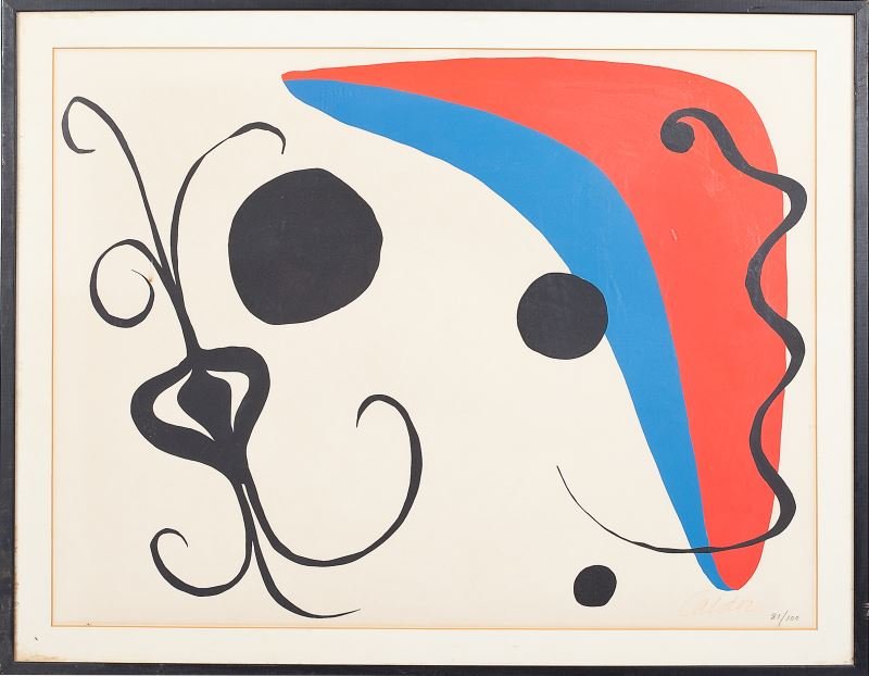 Alexander Calder (Am., 1988-1976), "Boomerang": Alexander Calder (Am., 1988-1976), "Boomerang"lithograph in colors, signed and numbered 89/100 at lower right, matted and framed under glass.SS 19 x 25.25 in.; DOA 22.5 x 28.5 in.Retaining the origina