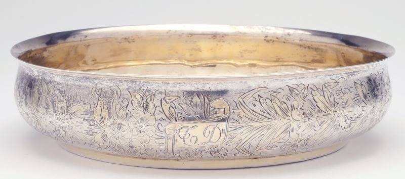 Ottoman Empire Silver Presentation Low Bowl: Continental Silver Presentation Low Bowl Turkey, parcel gilt, with two hallmarks to center, the exterior with floral engraving and monogrammed "CD," the underside engraved "En Souvenir / de 7 annees /