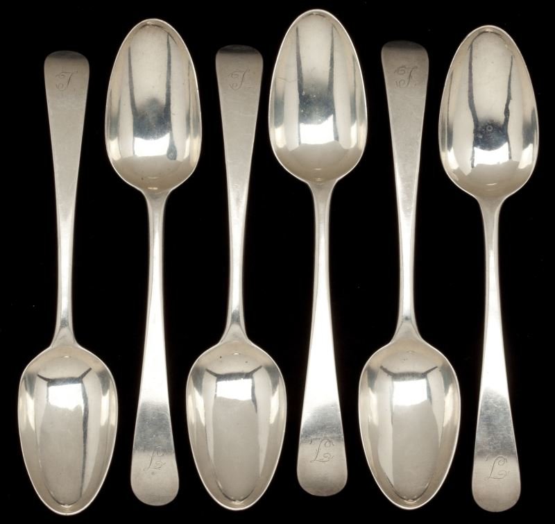 Six Georgian Silver Spoons by Hester Bateman: Six Georgian Silver Spoons by Hester BatemanLondon (1775) hallmarks, each with period monogram "T."8.5 in.14.75 total troy oz.