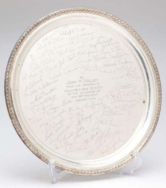 Wallace Sterling Silver Autographed Chop Plate: Wallace Sterling Silver Autographed Chop Plate with gadrooned edge, engraved "To John W. Kelley / From His Friends in / Columbia Gas System / on the Occasion of / His Retirement / January 1, 1976" and