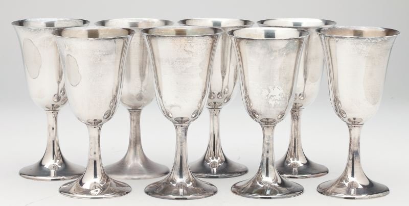 Set of (8) American Sterling Silver Goblets: Set of (8) American Sterling Silver Goblets retailed by Schwartzchild Bros. of Richmond, VA. Classic bell form with no monograms. 6.75 in. 31.1 total troy oz. The Estate of Dr. William & Lois P. Harri