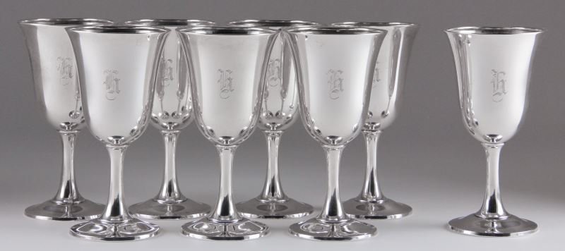 Set of Eight Sterling Silver Goblets by Wallace: Set of Eight Sterling Silver Goblets by Wallace each of classic bell form, numbered 16, "h" monogram in Old English font. 38.4 total troy oz.