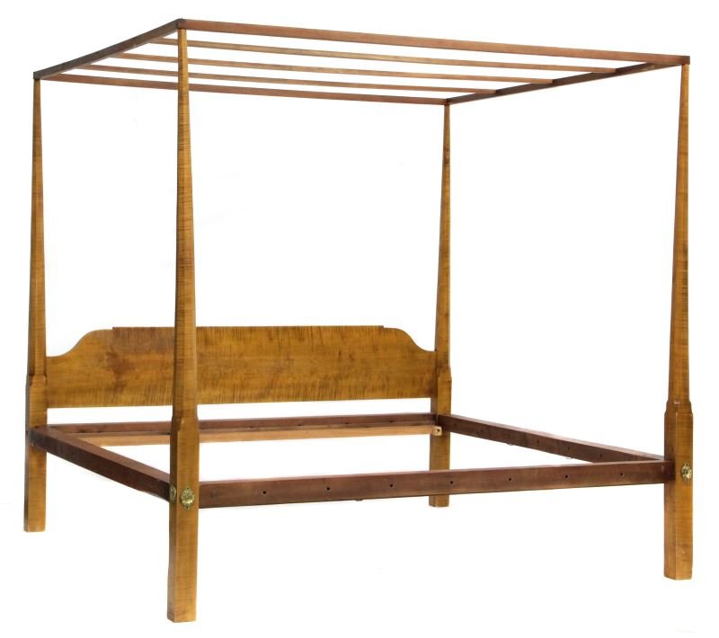 Federal Style Tiger Maple Tester Bed: Federal Style Tiger Maple Tester Bedcustom made maple frame, areas of which have strong figuring, with tapered octagonal paneled posts, full tester, shaped headboard, and rails authentically drilled f