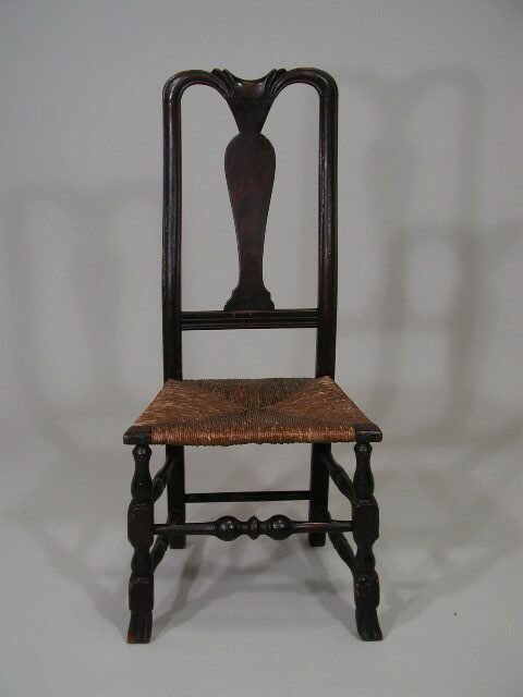 New England Queen Anne Side Chair,: New England Queen Anne Side Chair, old surface, shaped crest, later rush seat, turned front stretcher, feet have been ended out, 42"h