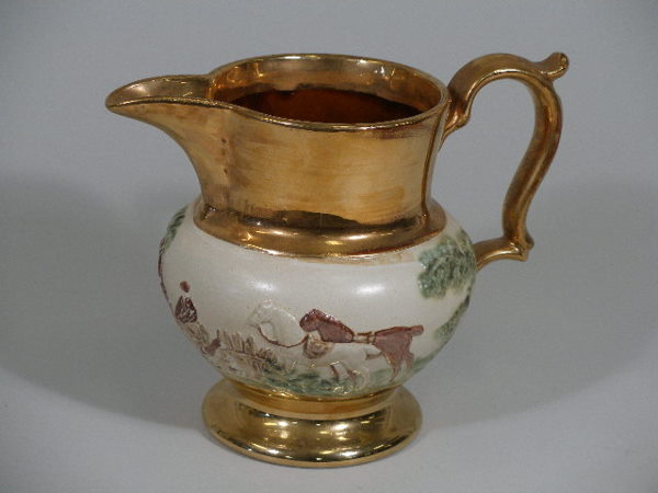 Copper Luster Pitcher, England, 1920's,: Copper Luster Pitcher, England, 1920's,wide bands of metallic glaze over pottery w/pearlized relief, central band depicting hunt scene, underglaze circular ink stamp "Bourne Denby Derby", some minor g