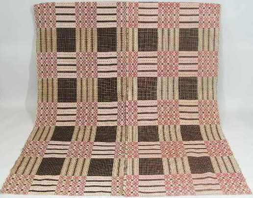 Overshot Coverlet, 19th c.,: Overshot Coverlet, 19th c.,woven in two parts, exceptional color of deep rose and black wool on linens, minor discoloration to some areas of linen, 95" x 63.5"wEst.300-400