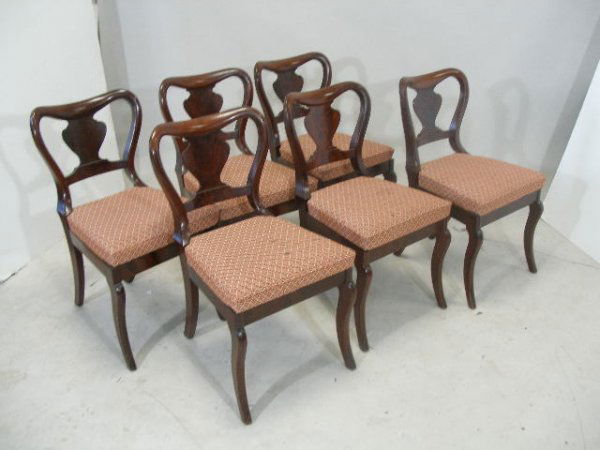 Set of Six Balloon Back Side Chairs, Duncan Phyfe: Set of Six Balloon Back Side Chairs, Duncan Phyfe school, NY, c.1840,mahogany and mahogany veneers, secondary of chestnut, shaped crest rail solid back splat, upholstered seat, delicate cabriole front