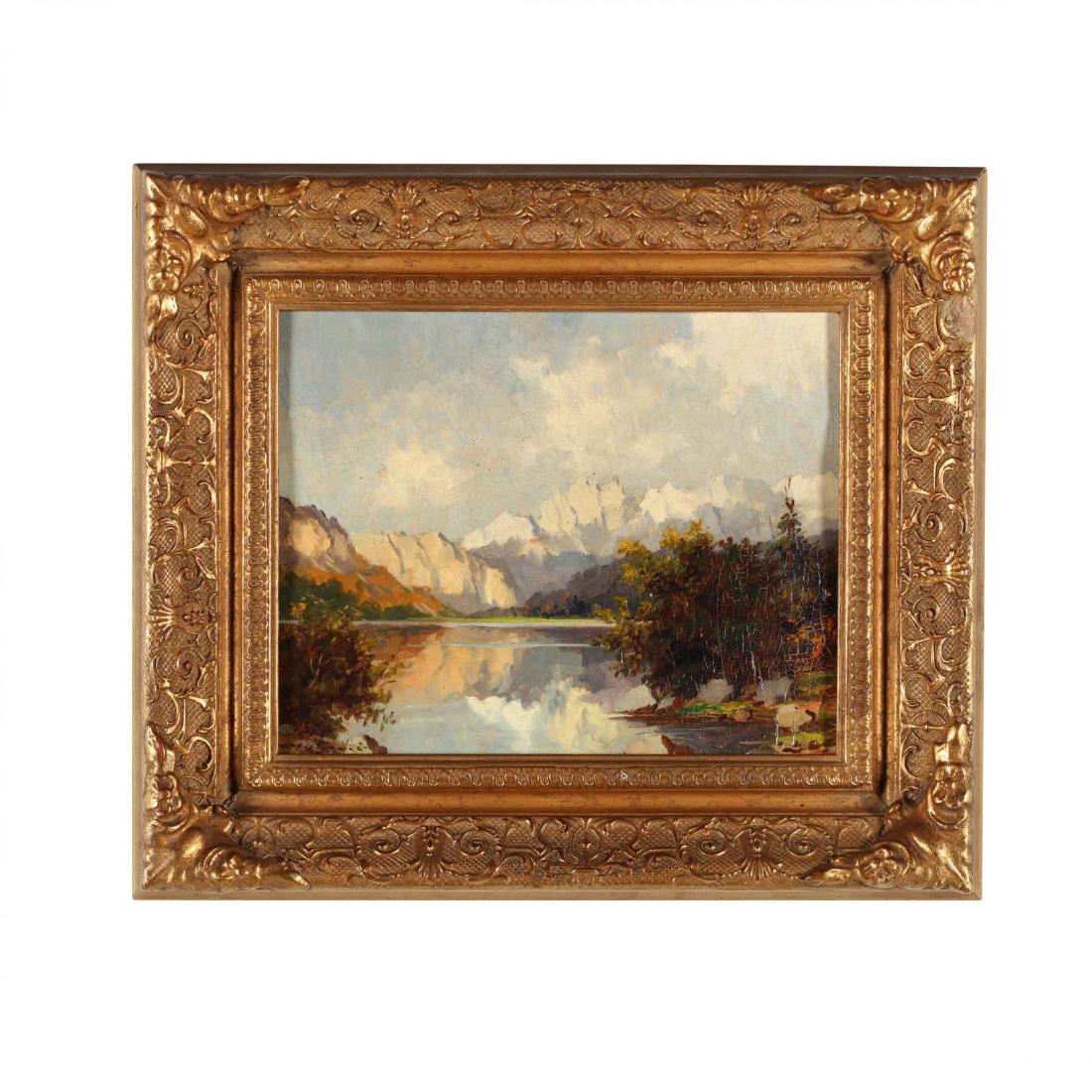 Marko Vukovic (NY, 1892-1973), Alpine Lake: oil on board, signed lower left "Vokovoc," in original gilt composition frame with Catalda Fine Arts label and brief biography on back. SS 7.5 x 9.25 in.; DOA 12.5 x 14.5 in. Additional high-resoluti