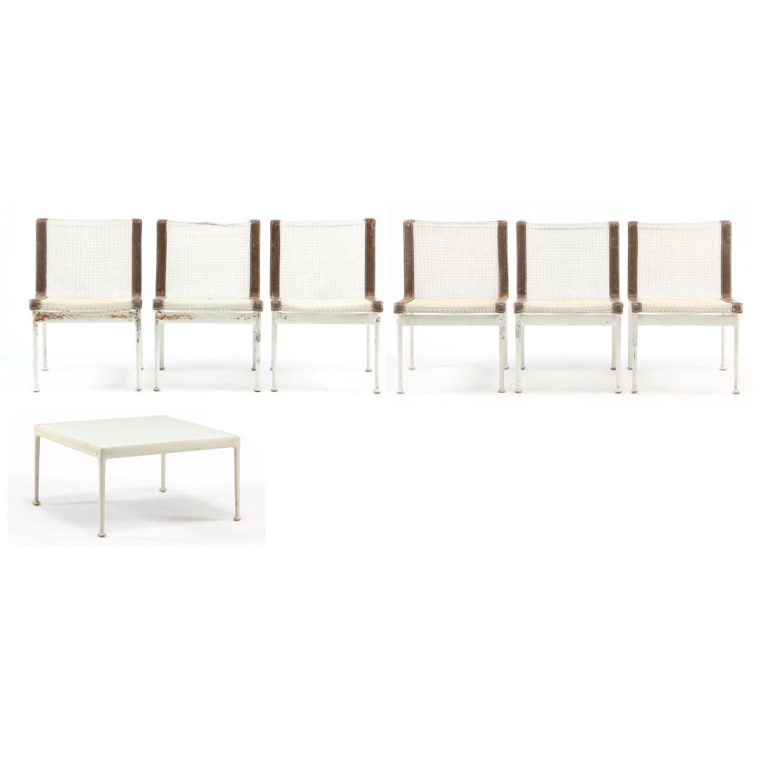 Richard Schultz (Am., b. 1926), Seven Piece Patio Set: Knoll, 1960s, including six side chairs and one low table, unmarked. Chair 29 x 20 x 23 in.; table 15 x 28 x 28 in. Schultz has provided us with celebrated iconic modern designs for over 60 years. Pri