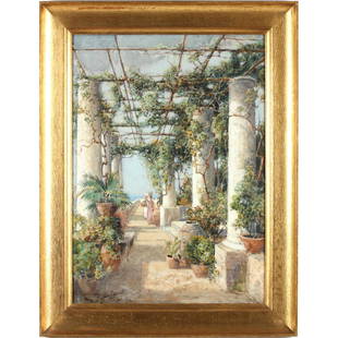 Prosper Louis Senat (1852-1925), Capri: watercolor and gouache on paper, signed and inscribed at lower left "Prosper L. Senat / Capri 1912," numbered 26 at lower right, presented under glass in likely original gilded oak frame. SS 27 x 19.2