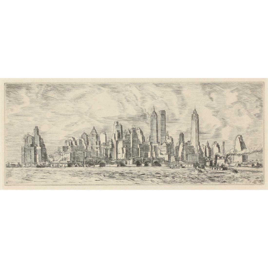 Reginald Marsh (Am., 1898-1954), N. Y. Skyline: etching and engraving, signed and dated in plate "RM 1937," matted and framed. Sheet Size 10.625 x 17.375 in.; DOA 13.5 x 22.5 in. Additional high-resolution photos are available at LelandLittle.com