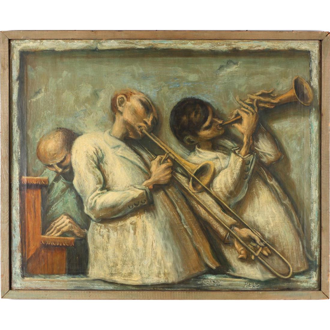 Albert Pels (NY/OH, 1910-1998), The Band: oil on canvas, signed at lower right "Pels," presented in the likely original painted frame. DOA 26 x 31.75 in. Additional high-resolution photos are available at LelandLittle.com