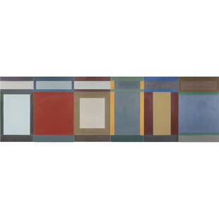 David Novros (NY/CA, b. 1941), Untitled: oil on canvas, polyptych consisting of six panels, circa 1975. (4) 54.25 x 28 5/8 in. and (2) 54.25 x 33 1/8 in. David Novros began painting on walls as a child, encouraged by his father to create a n