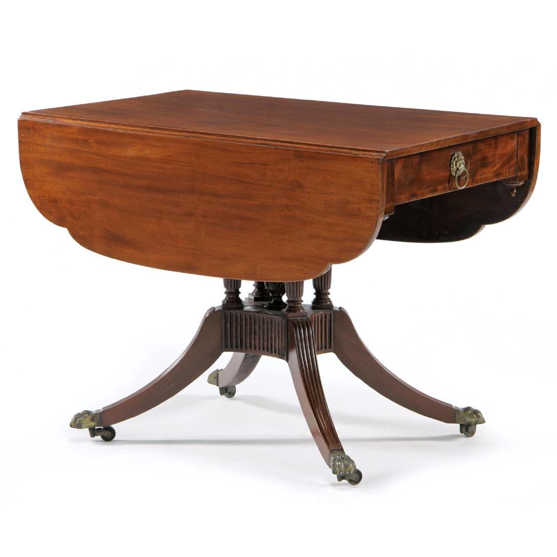 New York Federal Breakfast Table: early 19th century, probably Duncan Phyfe school, mahogany, mahogany veneer primary, white pine secondary, rectangular form with shaped drop leaves with double butterfly supports, each side with faux