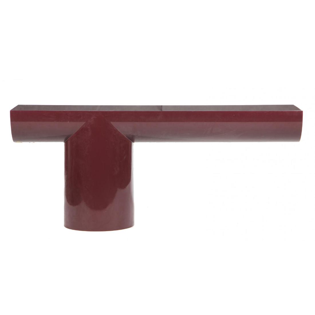 J. Wade Beam, Cantilevered Console Table, Brueton: American, circa 1980, a half cylinder table interlocks an off-center cylindrical weighted base, lacquered opaque purple high gloss finish over wood, appears unmarked. 30.5 x 72 x 18 in. Collection of