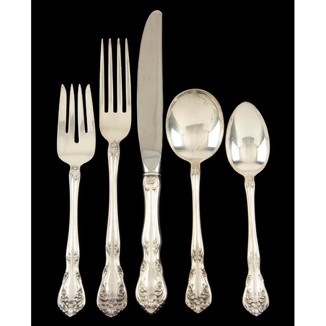 Alvin "Chateau Rose" Sterling Silver Flatware Service: (77) pieces, service for ten, including: (3) dinner knives (9.5 in.); (10) knives (8 7/8 in.); (2) dinner forks (7 7/8 in.); (10) forks (7 1/8 in.); (12) salad forks; (12) cream soup spoons; (17) teas