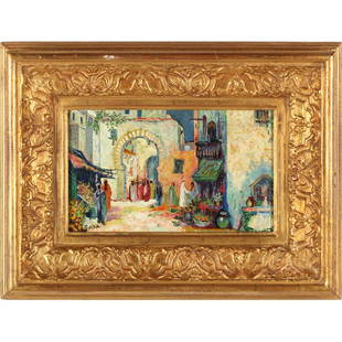 Jean Isy de Botton (French, 1898-1978), Moroccan Market: oil on academy board, signed at lower left "J. de Botton," presented in an ornate later gilt composition frame. SS 6.25 x 10.5 in.; DOA 13 x 17.5 in. Additional high-resolution photos are available a