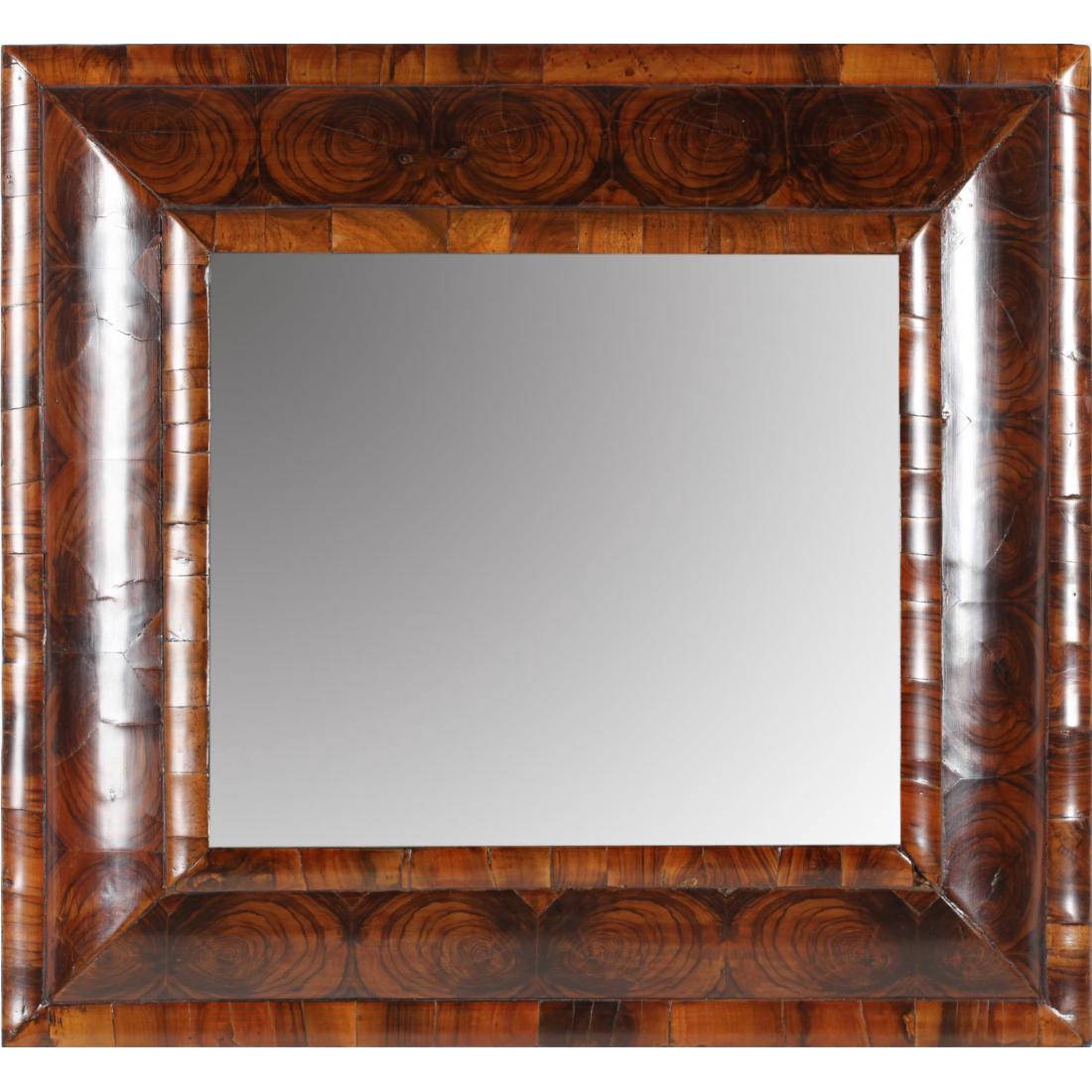 William and Mary Oyster Veneer Wall Mirror: English, late 17th - early 18th century, rectangular form with walnut oyster veneer frame, molded inner and outer edge. 22.5 x 21.25 in. Private Collection, Richmond, VA Roger Winter Antiques Additi