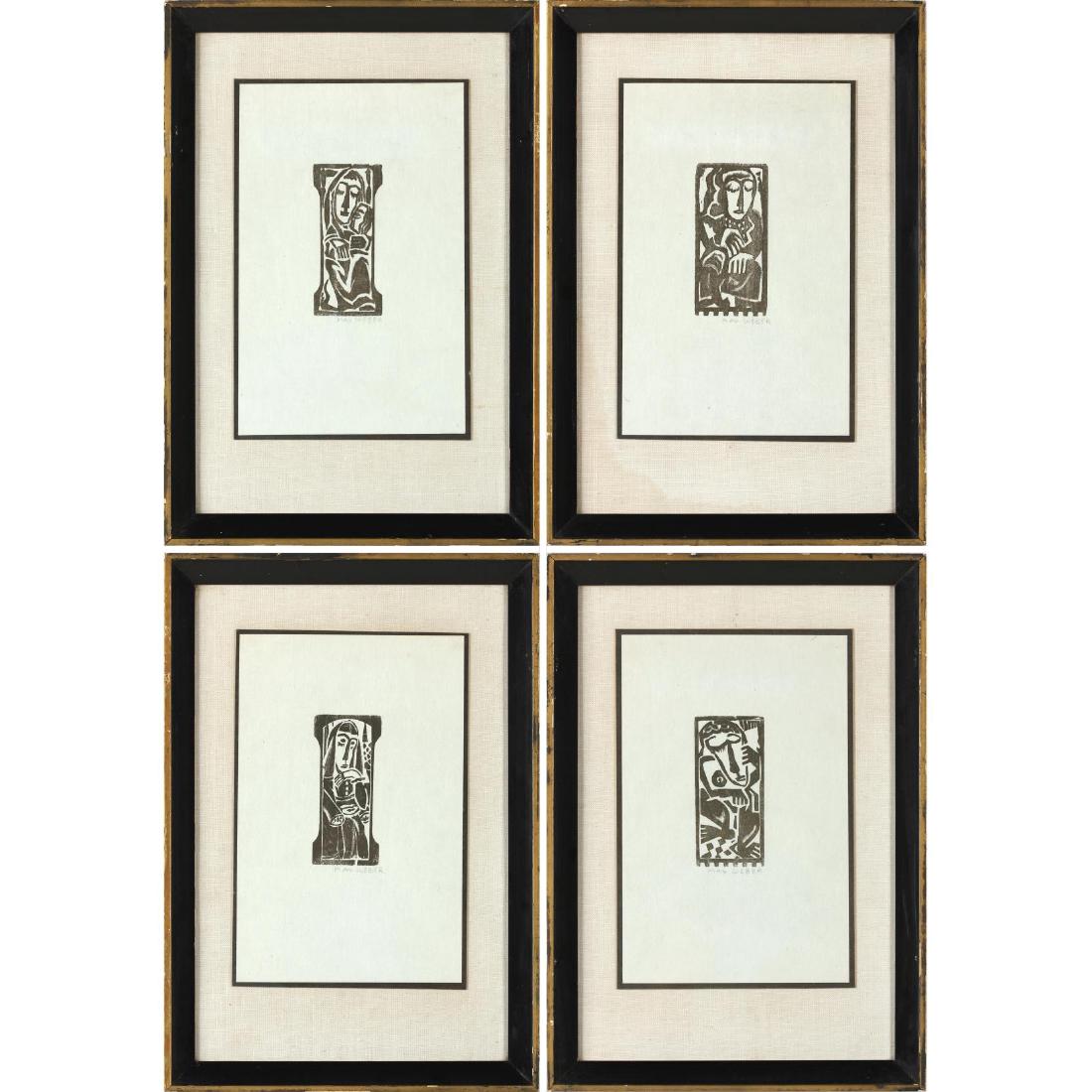 Max Weber (1881-1961), Four Woodcuts: including "Seated Woman" and "Dancing Woman" from the the book Primitives: Poems and Woodcuts (New York: Spiral Press, 1926); and two other figures - one a mother and child, the other a woman by windo
