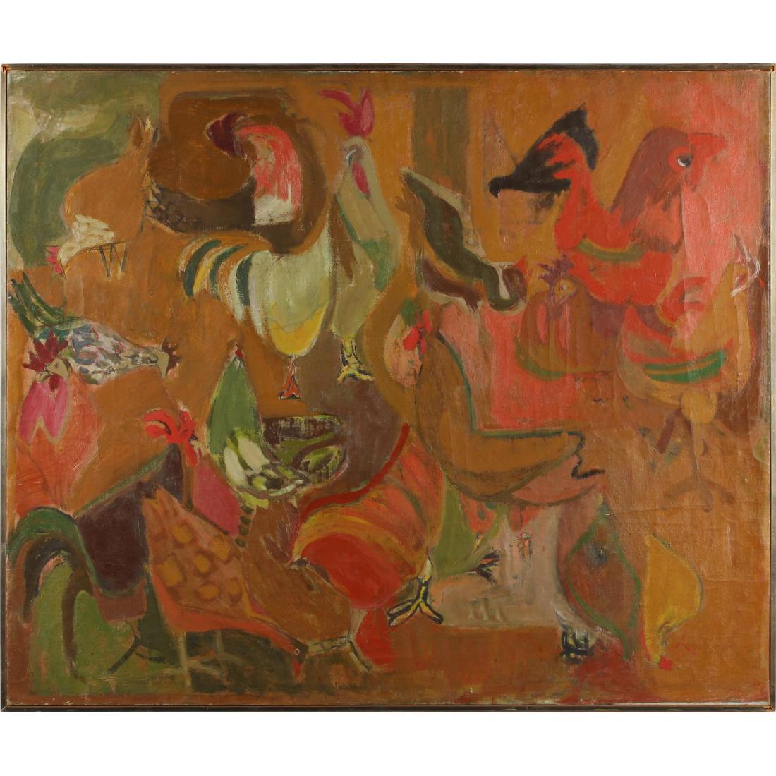 Janice Biala (1903-2000), Cluckin' Around: oil on canvas, unsigned, presented in the original gilt floater frame. DOA 36.25 x 43.25 in. Born in Poland, the sister of Jack Tworkov, she and her family emigrated to New York City in 1913. She chan