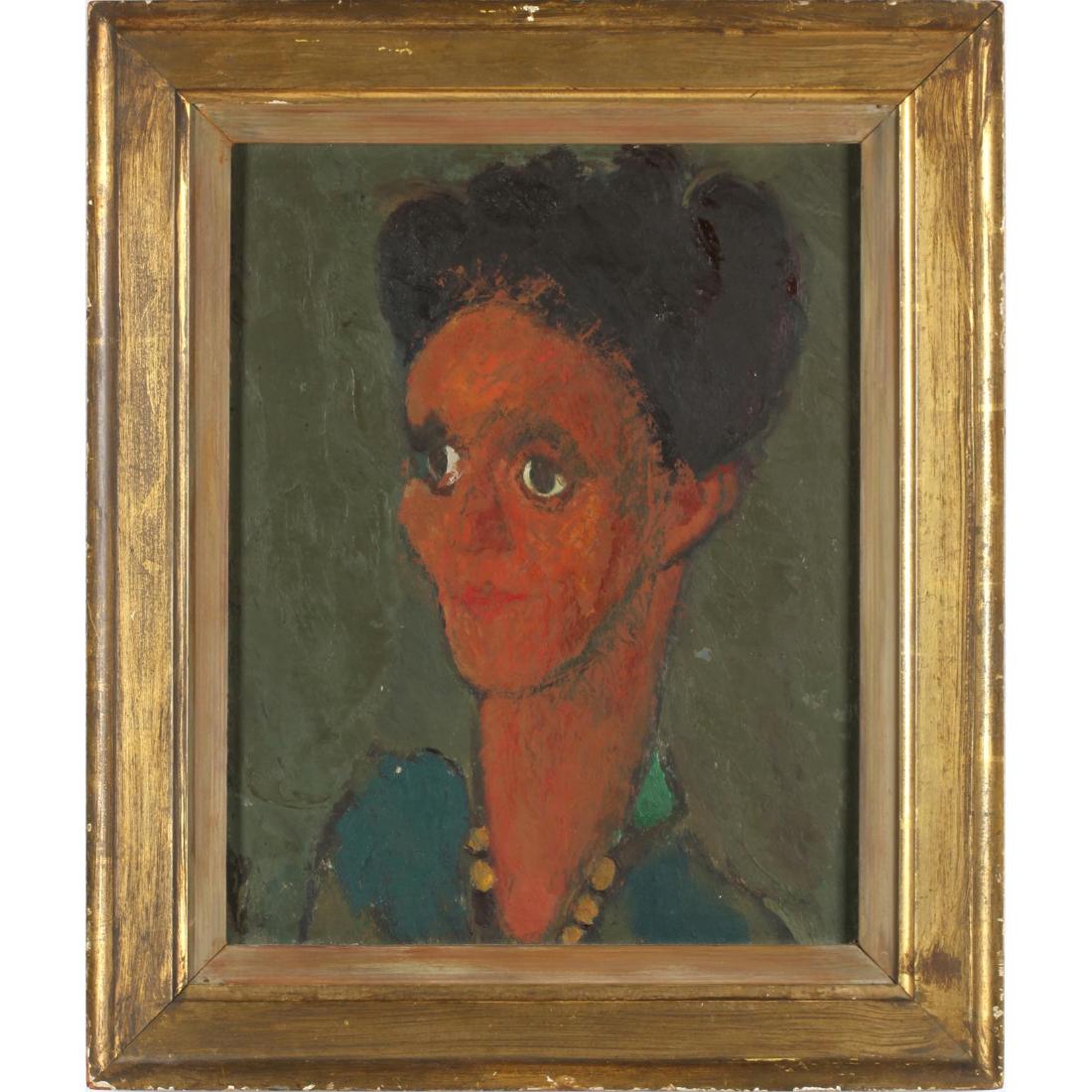 Janice Biala (1903-2000), Portrait of a Woman: oil on Masonite, unsigned, bust length portrait of Winnie Duvoisin, presented in a period gilt frame. SS 15 x 11.75 in.; DOA 20.25 x 17 in. Born in Poland, the sister of Jack Tworkov, she and her fami