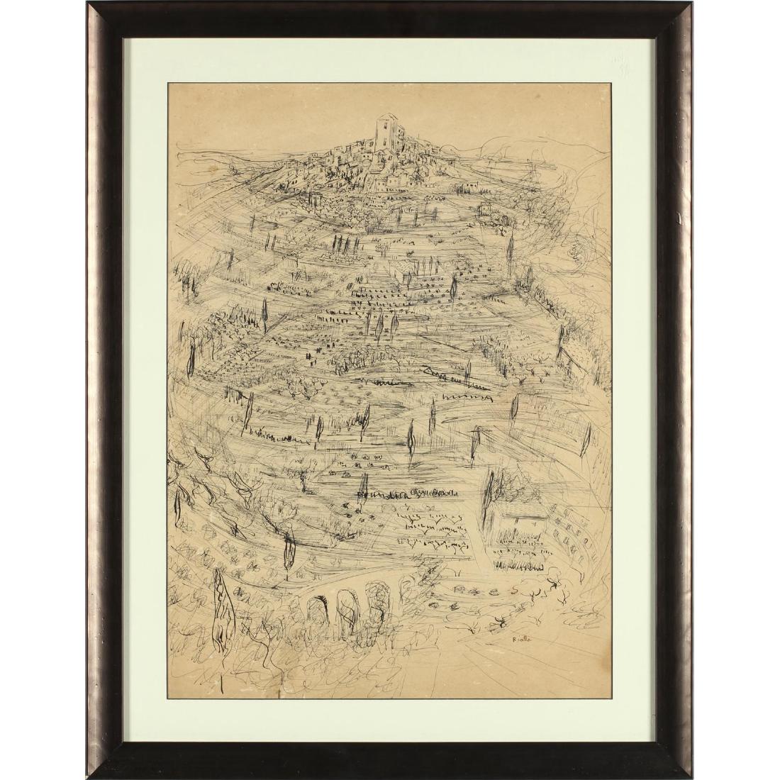 Janice Biala (1903-2000), Hill Town: ink on paper, signed at lower right "Biala," matted and framed under glass. SS 19.75 x 14.25 in.; DOA 25 x 19.5 in. Born in Poland, the sister of Jack Tworkov, she and her family emigrated to New York