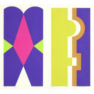 Betty Gold (CA, b. 1935), Two Silkscreens: geometric images, pencil signed, titled "X" and "III" and numbered "34/75" and "47/75" along bottom, matted and framed under glass. SS 21.5 x 11.25; 30.25 x 19.75 in. Additional high-resolution photo