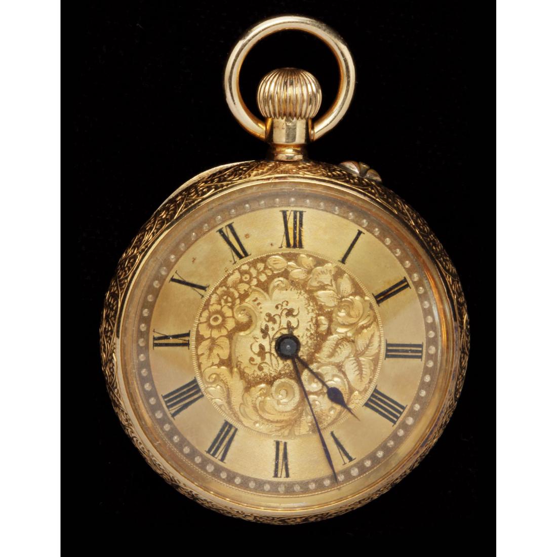 Antique Gold Pocket Watch, Sir John Bennett: the heavily engraved open face case with gold dial with center engraved register, black enamel Roman numeral hour markers, case interior marked "K18" and numbered #52465 and with what appears to be a