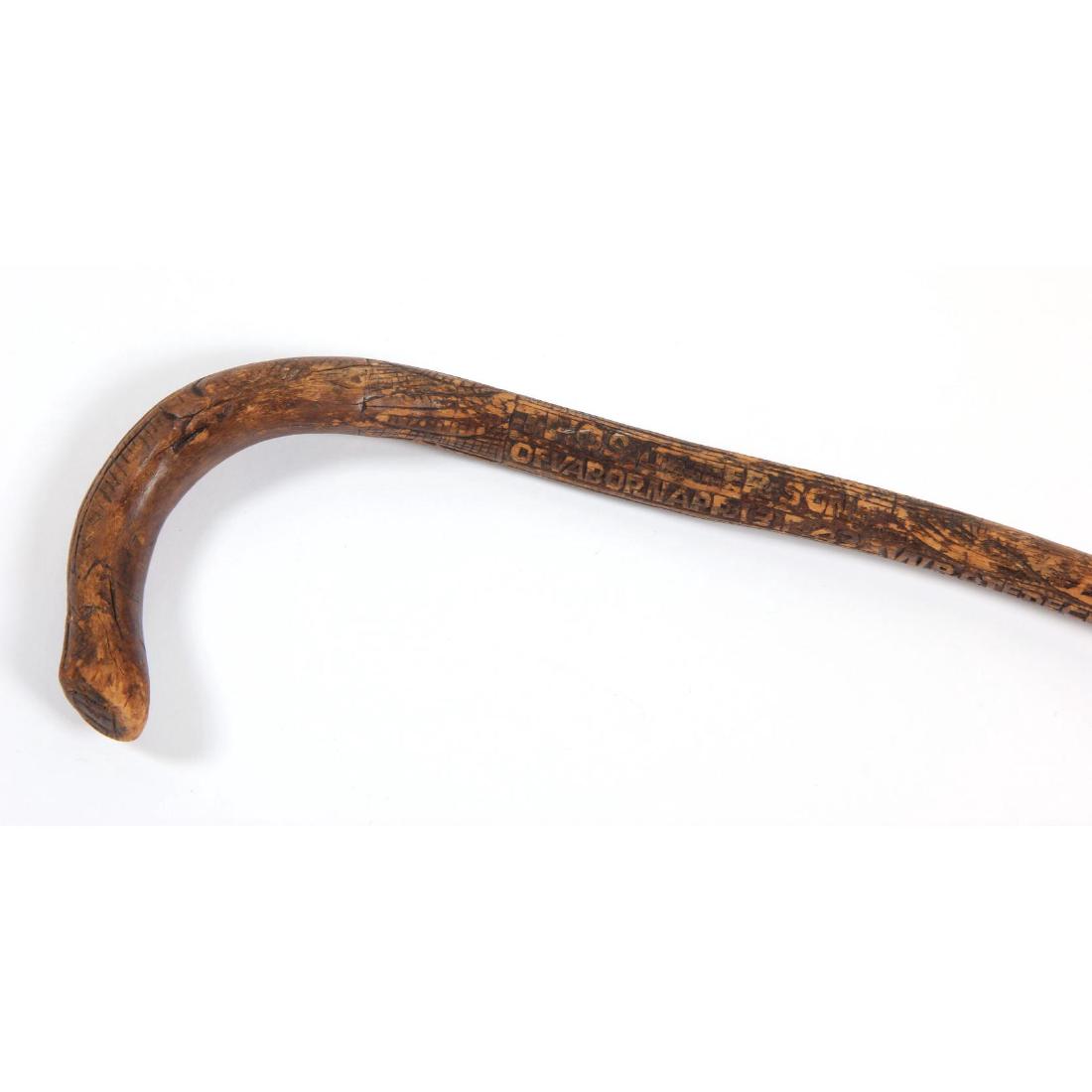 Thomas Jefferson Craddock Folk Art Walking Stick: carved wood, late 19th-early 20th century, commemorating significant dates, places and accomplishments associated with the nation's third president as follows: THOS.JEFFERSON OF VA BORN APR 13, 1743 W