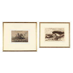 Two 19th-Century Landscapes - Moran and Harpignies: the first: Mary Nimmo Moran (American, 1842-1899), Gardiner's Bay from Fresh Pond, etching on Japan paper, signed in pencil lower right (Platemark 7 7/8 x 11 1/2 in.; DOA 15 x 18 1/4 in.); the second: