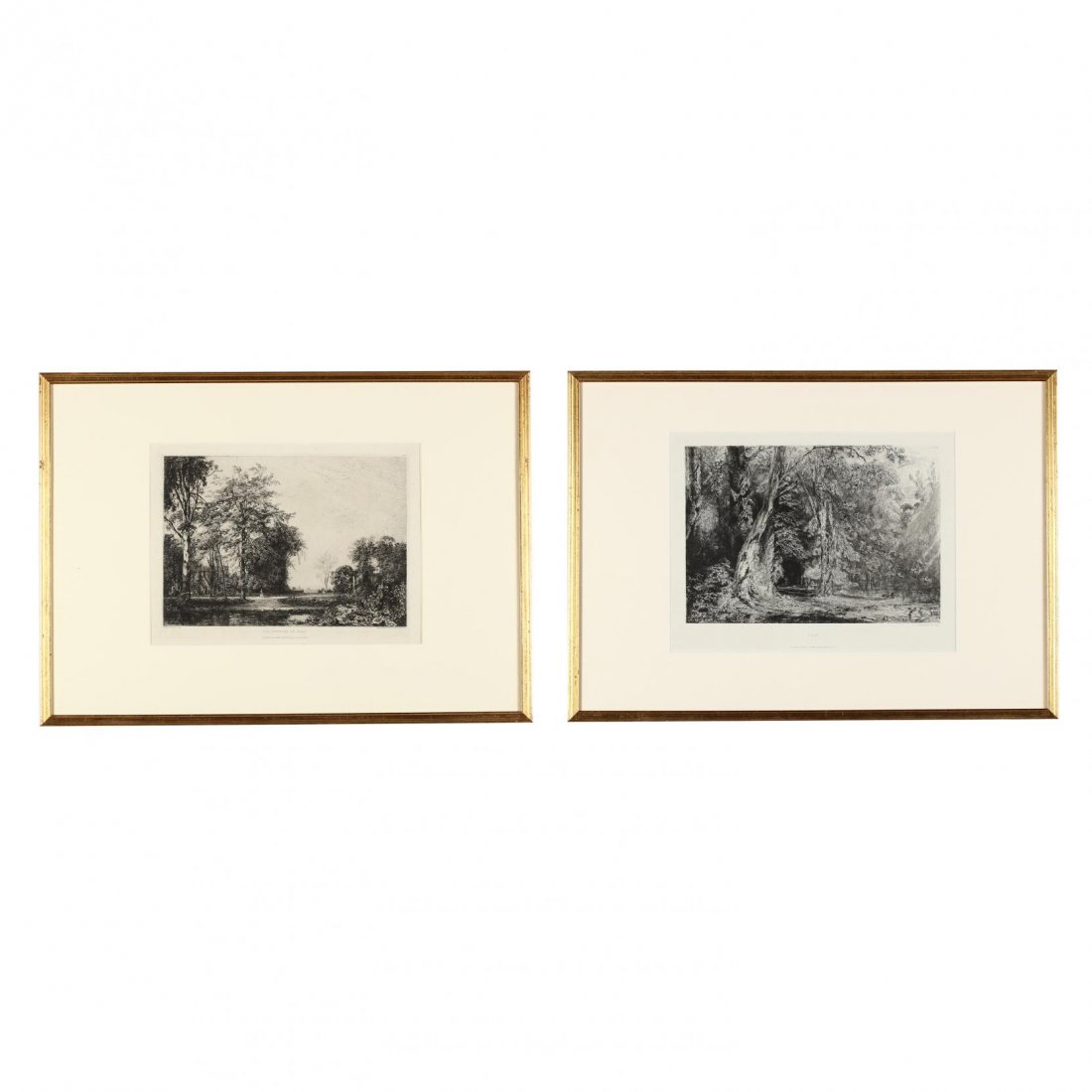 Pair of 19th-Century French Landscapes - Lalanne and: etchings; the first: Maxime Lalanne (1827-1886), "Aux Environs de Paris (Around Paris)"; the second: Paul Huet (1803-1869), "Plate II: L'Inondation dans l'Île Séguin (The Flood on the Isle of Ségui