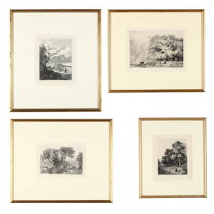 Group of (4) French and English Landscapes: etchings, 18th and 19th century, to include Paul Sandby (British, 1731-1809), Capriccio with Edinburgh Castle and Arthur's Seat; Paul Huet (1803-1869), Près de Fontainbleau; George Vincent (British,