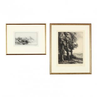 Alphonse Legros (French, 1837-1911), Two Signed: to include Le Village Abandonne (The Abandoned Village) and Coin d'un Bois (Corner of a Wood), both signed in pencil lower right margin, matted and presented in similar gilt frames. Platemark 4 3/8 x