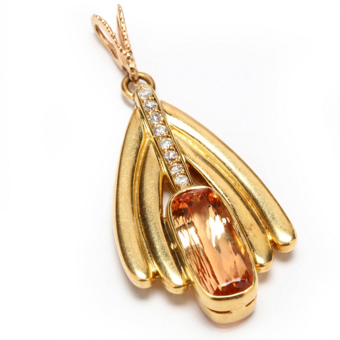 18KT Art Nouveau Pendant: pendant with fluted yellow gold frame to each side and with one bezel set rectangular cushion cut orange topaz weighing approximately 5.15 carats with a diamond accented bar surmount set with eight Ol