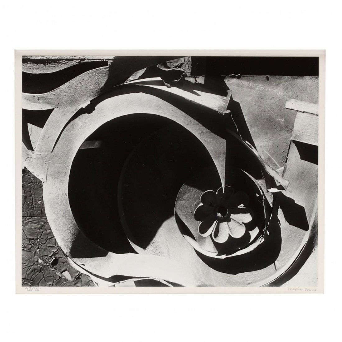 Walker Evans (1903-1975), Tin Relic with Rosette Motif: silver gelatin print, pencil signed and numbered 43/75 on the mount, circa 1930, printed circa 1974, from Walker Evans: Selected Photographs. Image 7 7/8 x 10 1/8 in. The Metropolitan Museum of Art ha