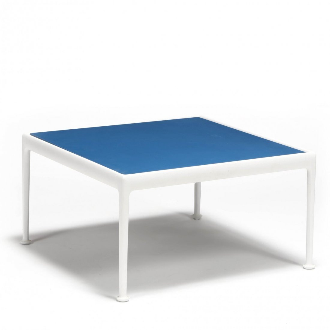 Richard Schultz, 1966 Collection Coffee Table: Knoll, blue enamel inset top, white powder coated aluminum base, with support bar, labeled. 15.5 x 28 x 28 in. Richard Schultz designed the 1966 Collection at the request of Florence Knoll who, after