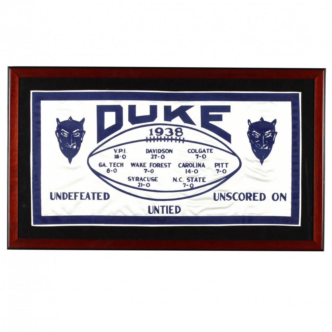 Duke University 1938 Football Southern Conference: blue and white silk, naming the Blue Devils' nine vanquished adversaries for the year. Presented against a black mat in a wooden frame. DOA 24.5 x 42.5 in.