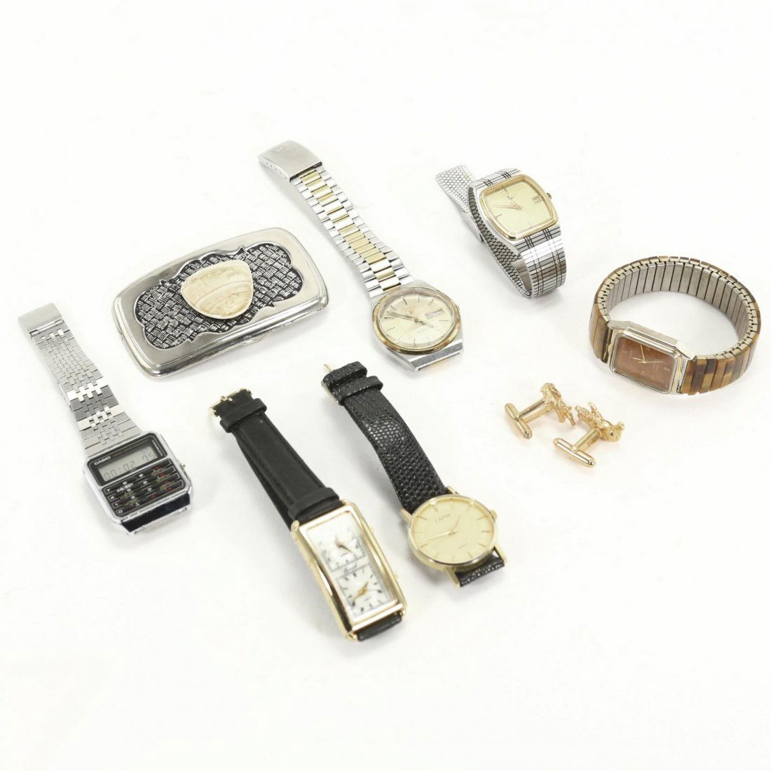 A Group of Gent's Wrist Watches: six quartz watches to include Longines and Casio, Osirock double dial, Pulsar, Capri and Soni. Included in the lot is a pair of bull and bear gold tone metal cufflinks and a belt buckle decorated with