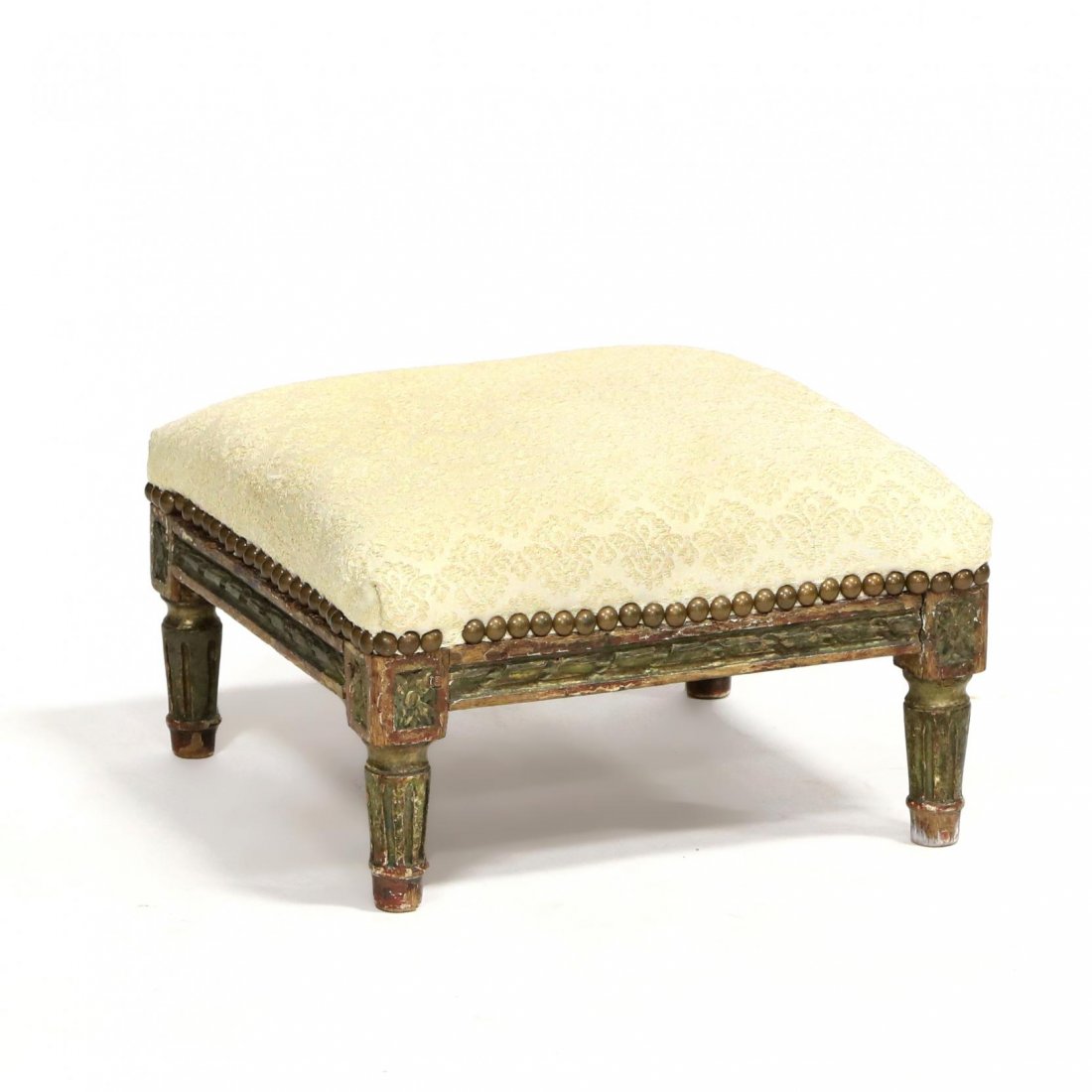 Louis XVI Footstool: 18th century, carved and painted wood, over upholstered seat. 7 x 13 x 11 in.