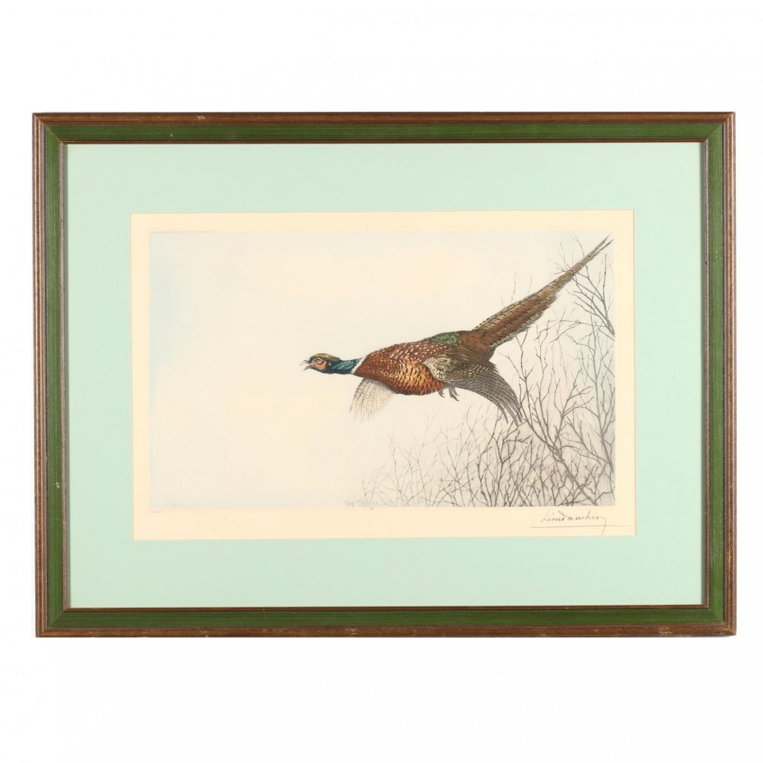 Leon Danchin (French, 1887-1939), Pheasant in Flight: color etching, signed and numbered 146/500 in pencil, matted and framed. DOA 25 5/8 x 34 in.
